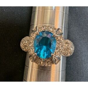 Statement Ring Womens Size 9 Blue Oval Gemstone Pave Accents Silver Tone